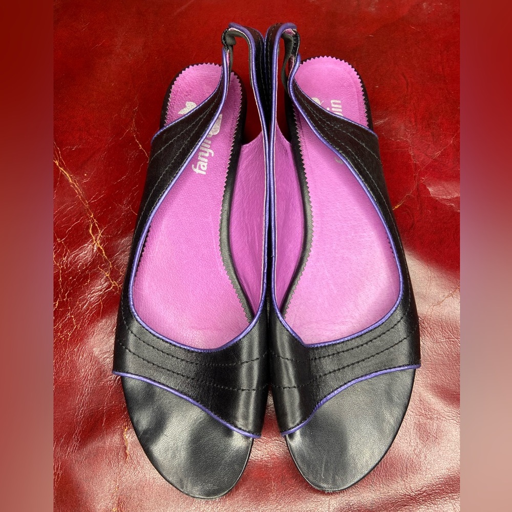 Black Leather Faryl Robin Slingback Flat Sandal Size 10